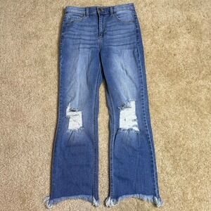 Altar'd State Jeans Womens 7 Blue Distressed Flare Raw Hem High Rise Stretch